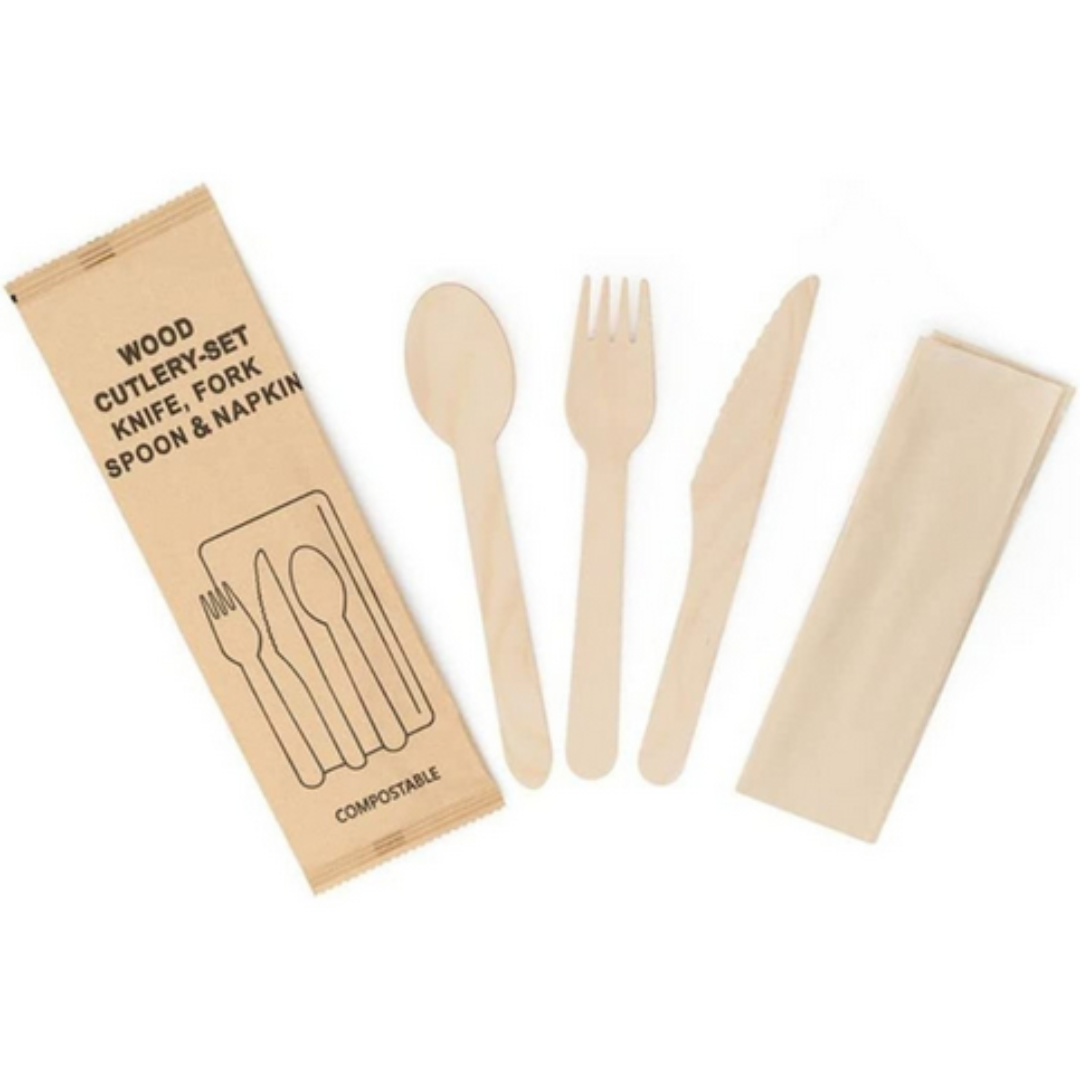 250 PCs Carton of Compostable Wooden Cutlery Set (Knife, Fork, Spoon & Napkin) – Eco-Friendly, Biodegradable & Food-Grade | Product Type: Wooden Cutlery