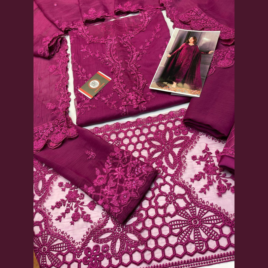 Azure Chiffon Premium Wedding Edition 3PC Unstitched Embroidered Suits – Exclusive Collection Replica (Pack of 6) Wholesale Price for Dealers & Resellers