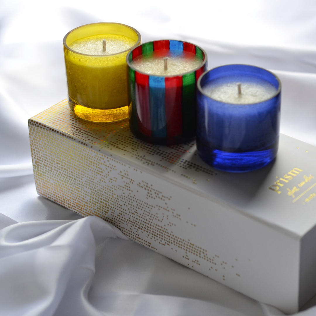 Prism Glass Candles Set 1 – Festive Tri Candle Collection with 12-Hour Burn Time | Dimensions 26 × 10 × 7 cm