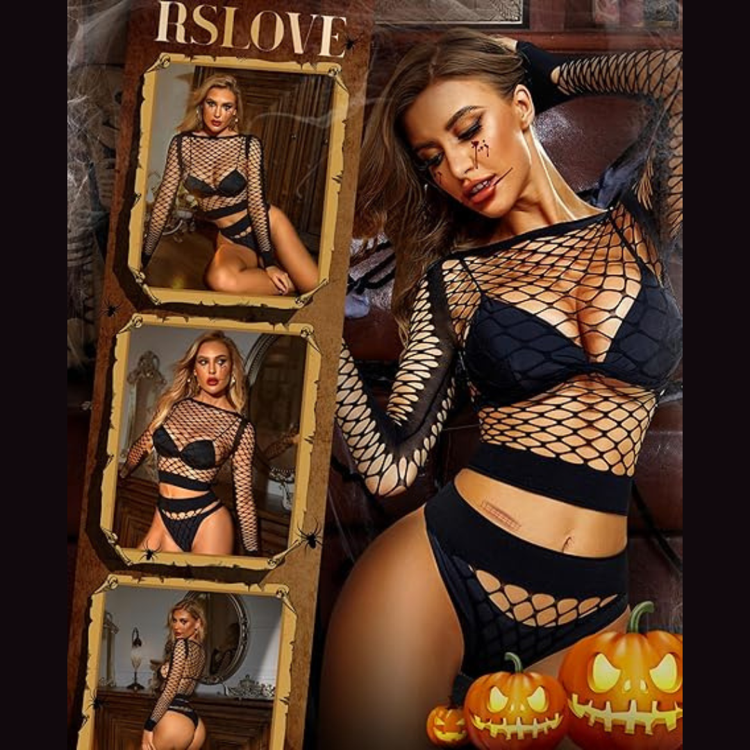 Women’s Long Sleeve Lingerie – Sexy Mesh Fishnet See-Through Bodysuit