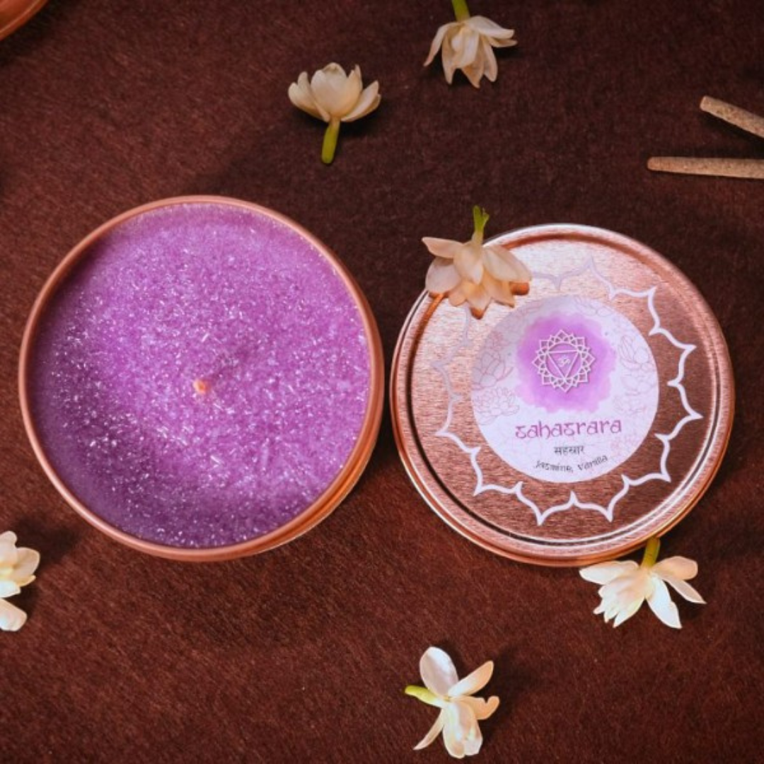 Sahasrara (Crown) Chakra Candle – Purple Tin Candle for Spiritual Connection & Enlightenment | Height 5.2 cm, Diameter 8 cm, Burn Time 30 Hours, Weight 0.2 kg