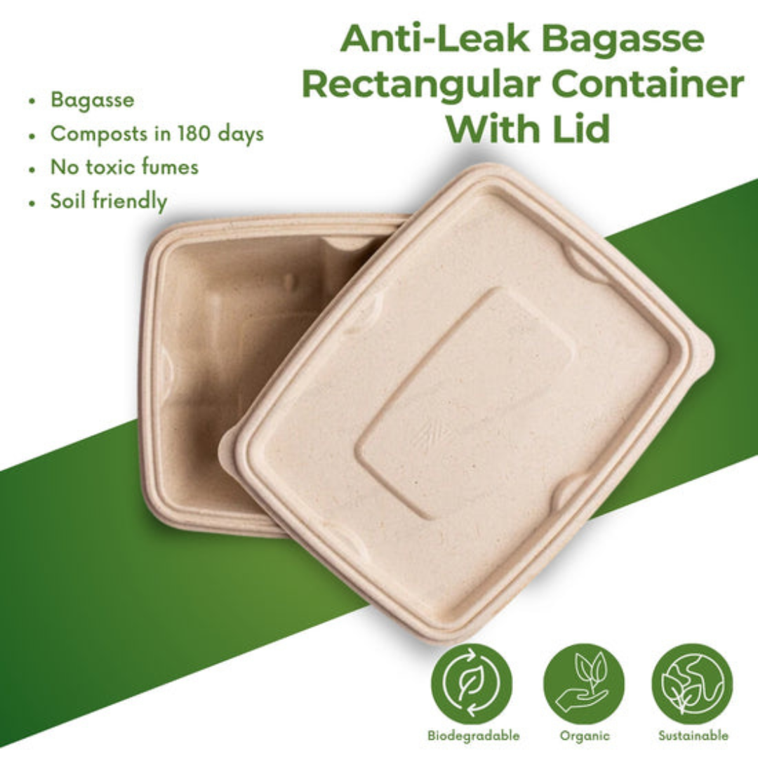 300 PCs of 500ml Rectangular Biodegradable Bagasse Containers with Lid – Eco-Friendly, Anti-Leak & Disposable | Size: Length 18 cm × Breadth 14 cm × Height 4.5 cm | Shape: Rectangular | Color: Natural Brown | Category: Containers
