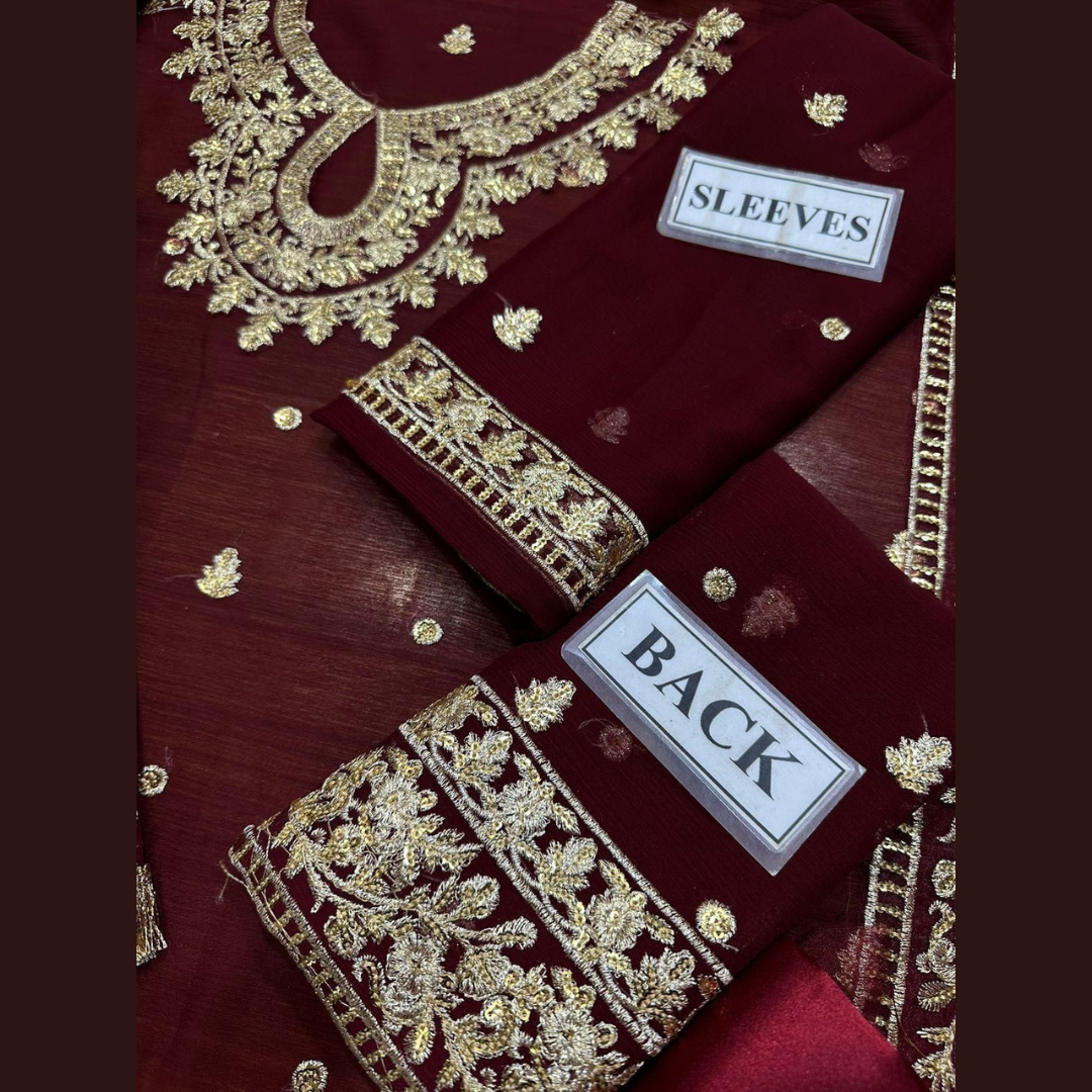 Organic Pakistani Pure The Royal Touch - Maroon Unstitched Embroidered Chiffon Suit with Silk Trouser Wholesale Price for Dealers & Resellers