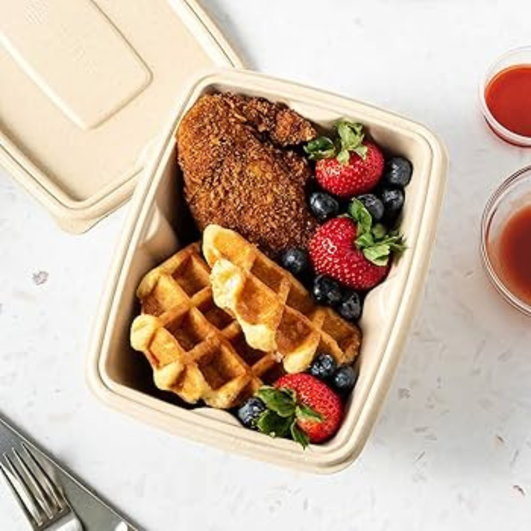 300 PCs of 500ml Rectangular Biodegradable Bagasse Containers with Lid – Eco-Friendly, Anti-Leak & Disposable | Size: Length 18 cm × Breadth 14 cm × Height 4.5 cm | Shape: Rectangular | Color: Natural Brown | Category: Containers