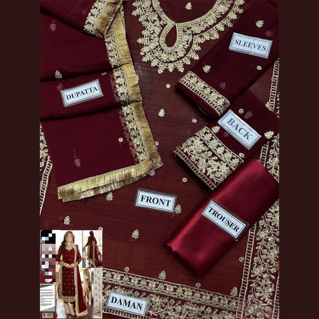 Organic Pakistani Pure The Royal Touch - Maroon Unstitched Embroidered Chiffon Suit with Silk Trouser Wholesale Price for Dealers & Resellers
