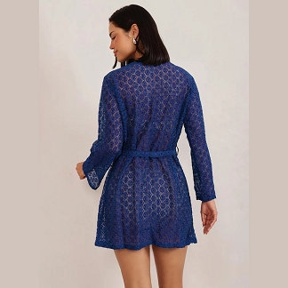 Clovia royal blue sheer lace robe for women with waist belt and long sleeves