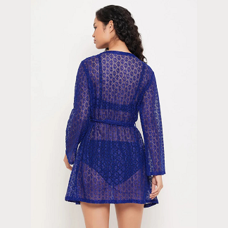 Clovia royal blue sheer lace robe for women with waist belt and long sleeves