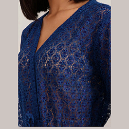 Clovia royal blue sheer lace robe for women with waist belt and long sleeves