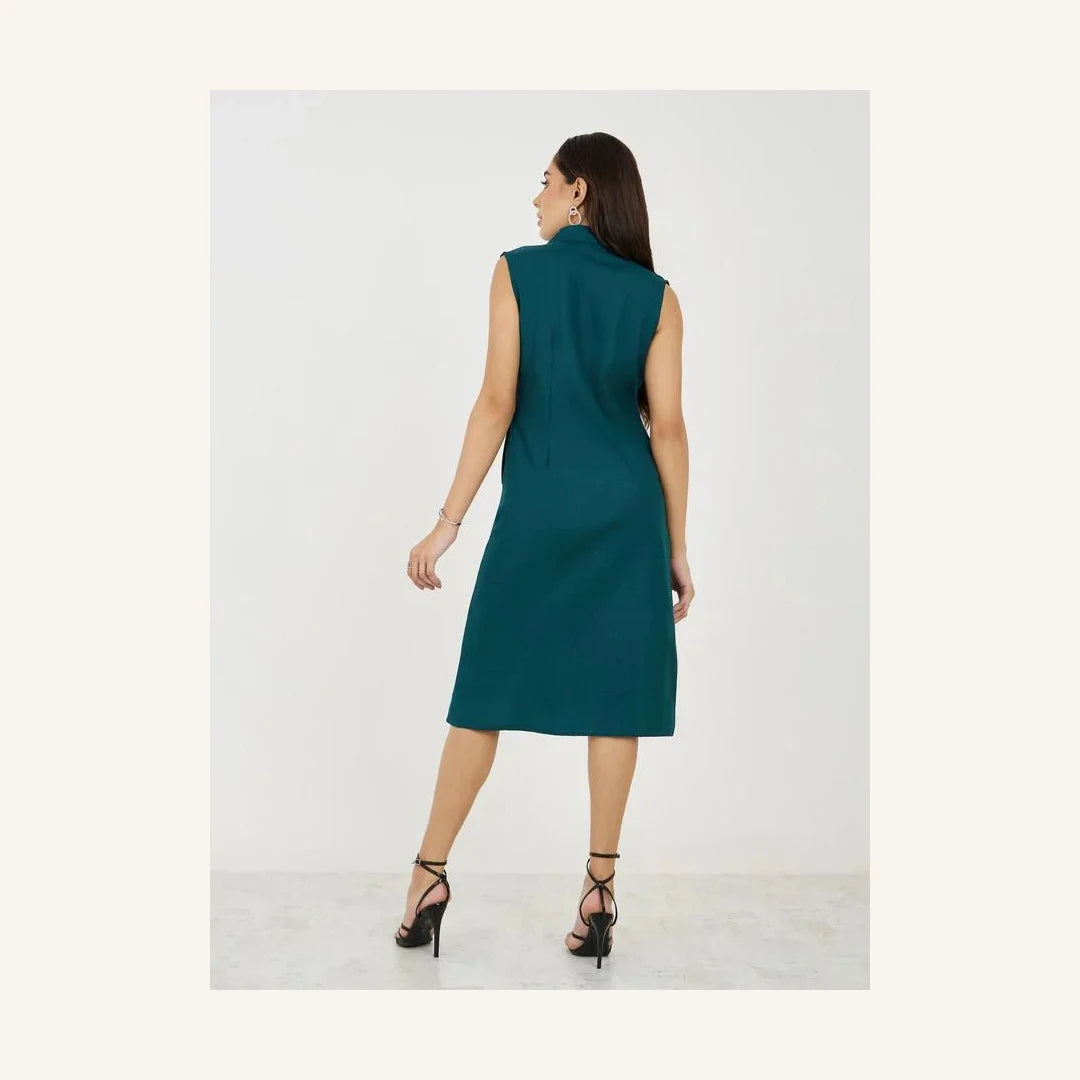 teal solid notch lapel sleeveless blazer midi dress for women