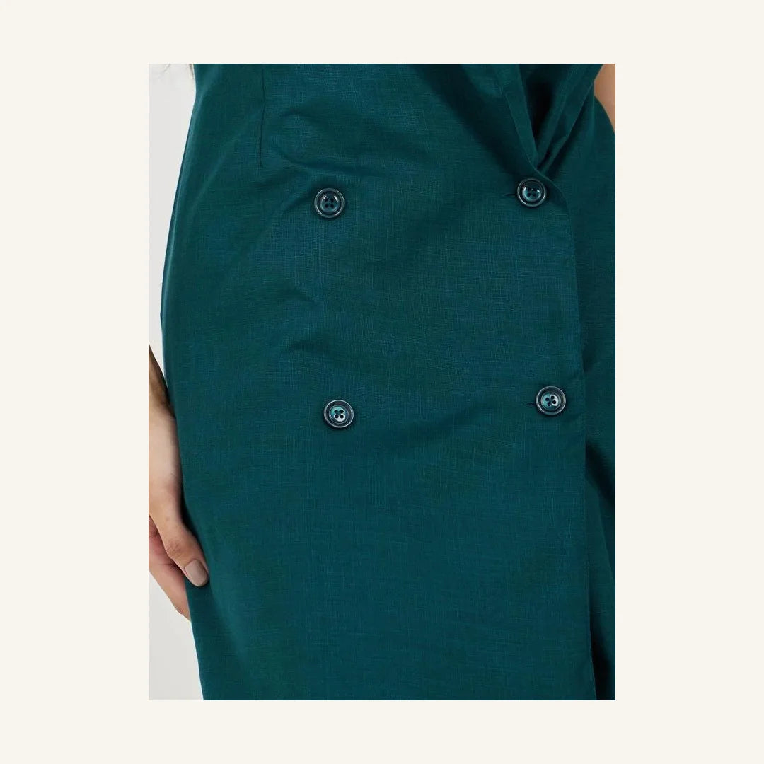 teal solid notch lapel sleeveless blazer midi dress for women