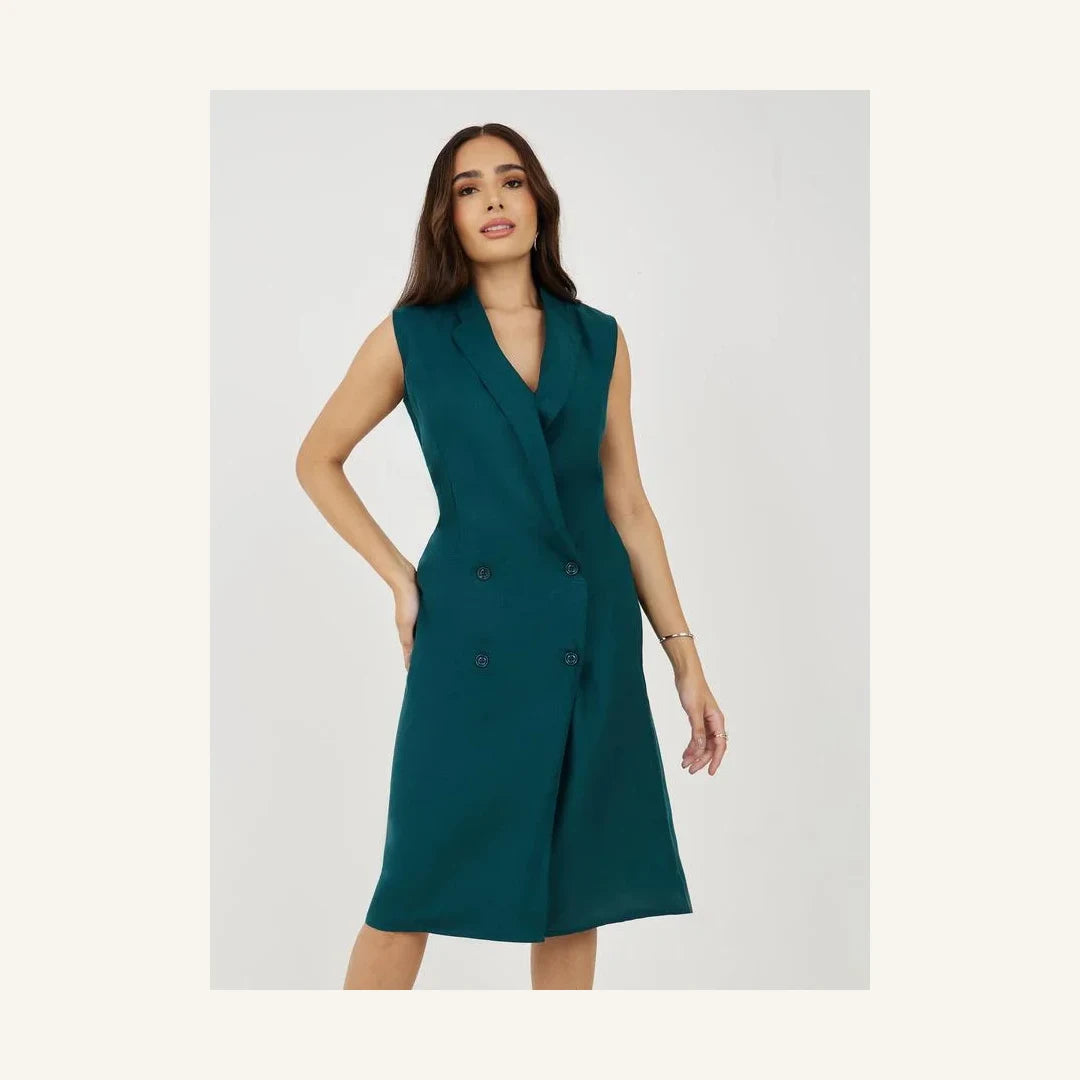 teal solid notch lapel sleeveless blazer midi dress for women