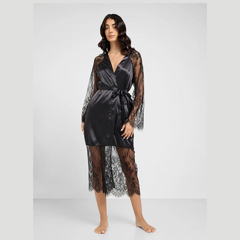 Black Night Robe with Lace Trim – Women’s Sleepwear