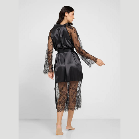 Black Night Robe with Lace Trim – Women’s Sleepwear
