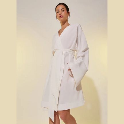 Long Sleeve White Robe with Belted Tie for Ladies