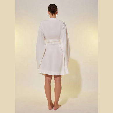 Long Sleeve White Robe with Belted Tie for Ladies