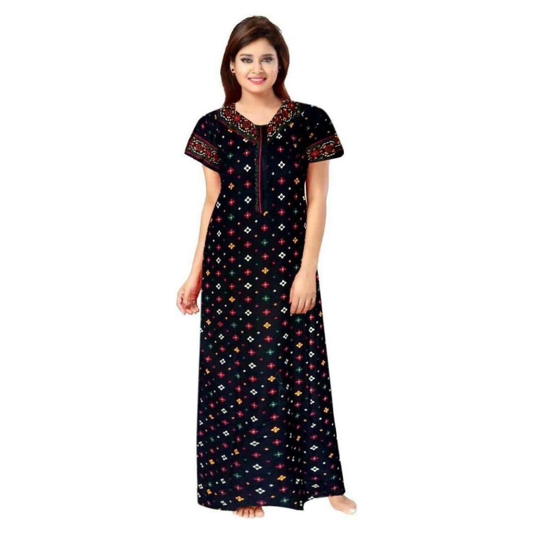 Women's Cotton Printed Maxi Night Gown Nighty (Black_Free Size) Fit For Every Girl