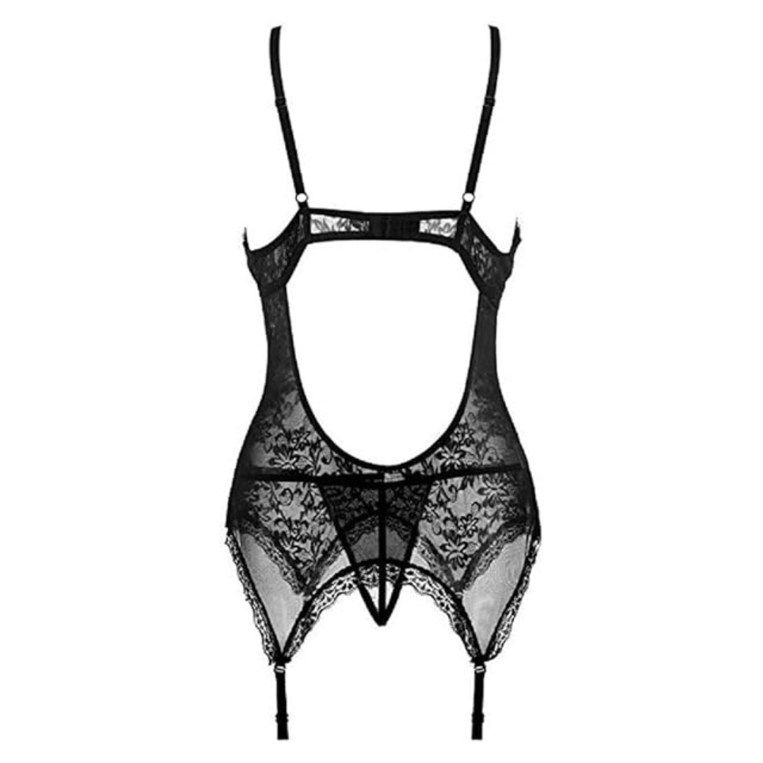 Women’s Black Lingerie Stretchy Lace Teddy Free Size Bodysuit Chemise Nightwear with Stockings