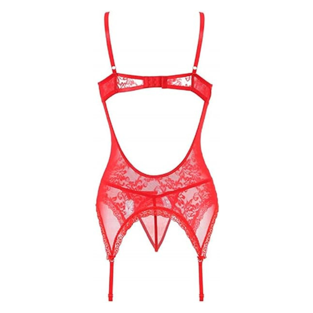 Women’s Red Lingerie Stretchy Lace Teddy Free Size Bodysuit Chemise Nightwear with Stockings