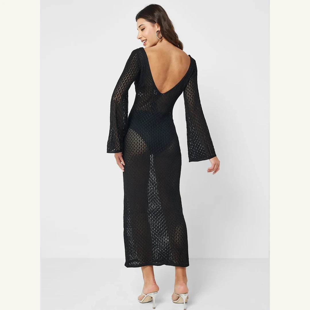 black crochet maxi dress with v-neck bell sleeves and button details for women
