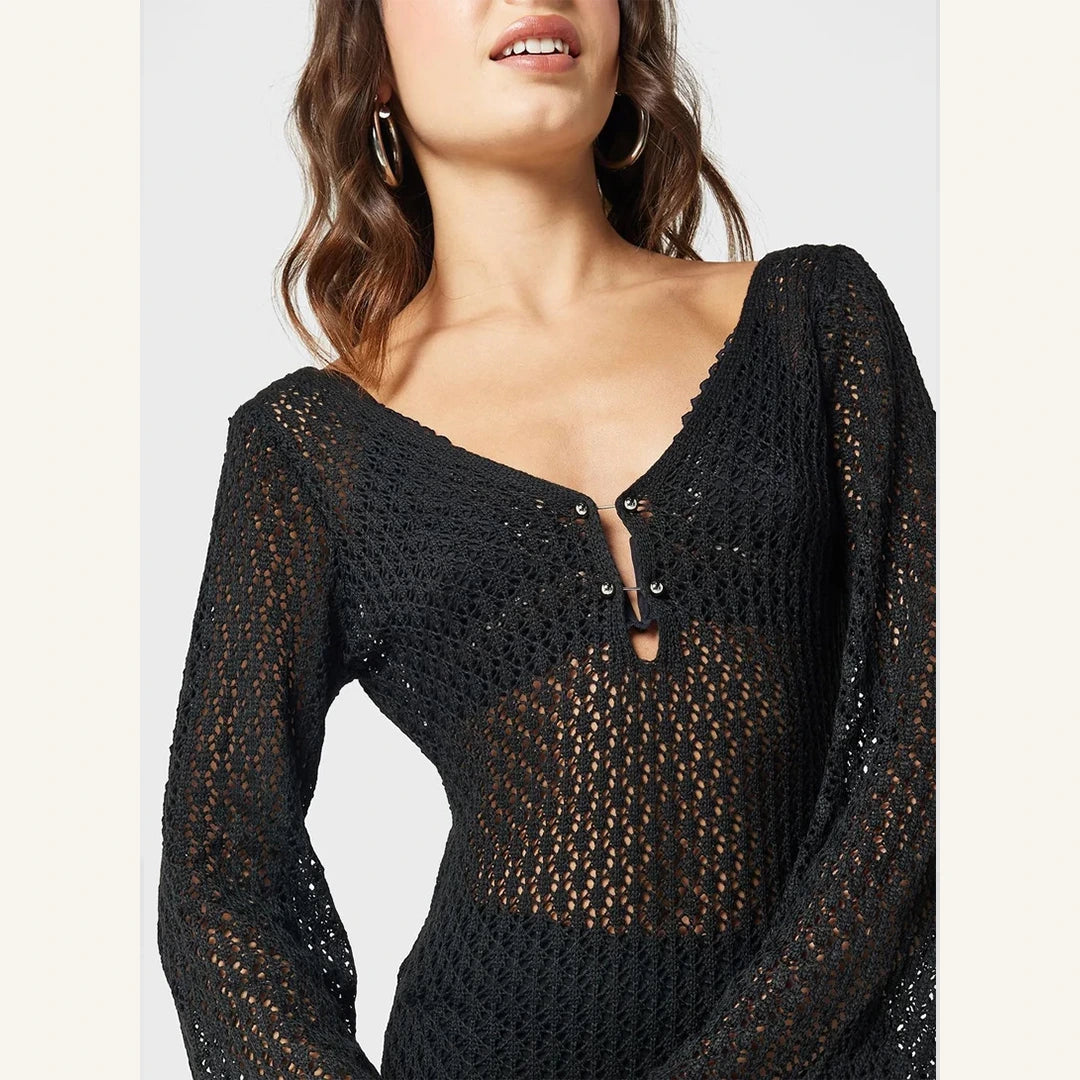 black crochet maxi dress with v-neck bell sleeves and button details for women