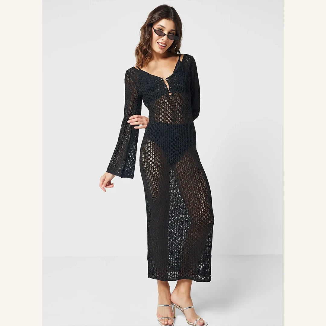 black crochet maxi dress with v-neck bell sleeves and button details for women