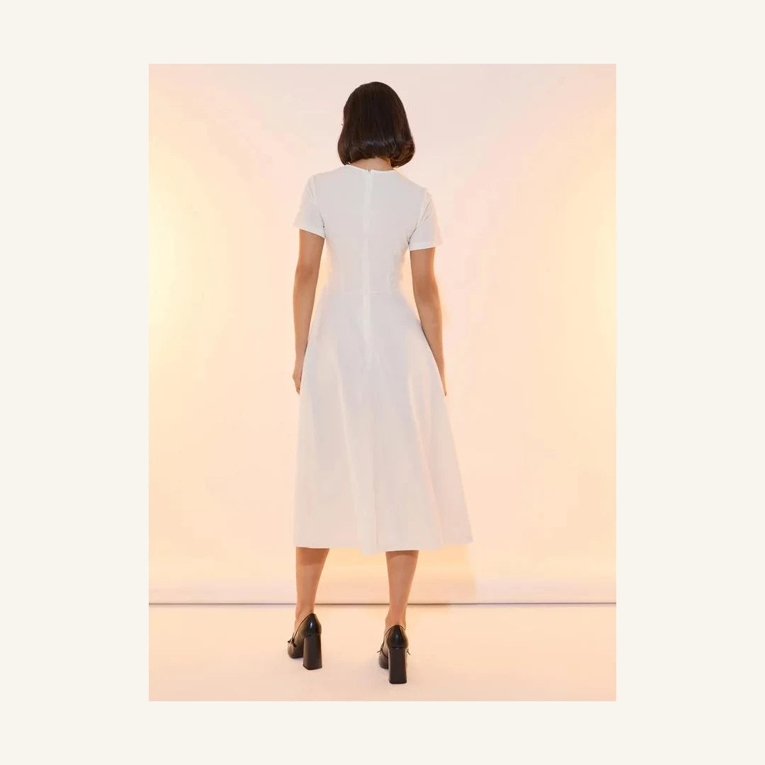 ivory bow accent round neck a-line midi dress for women
