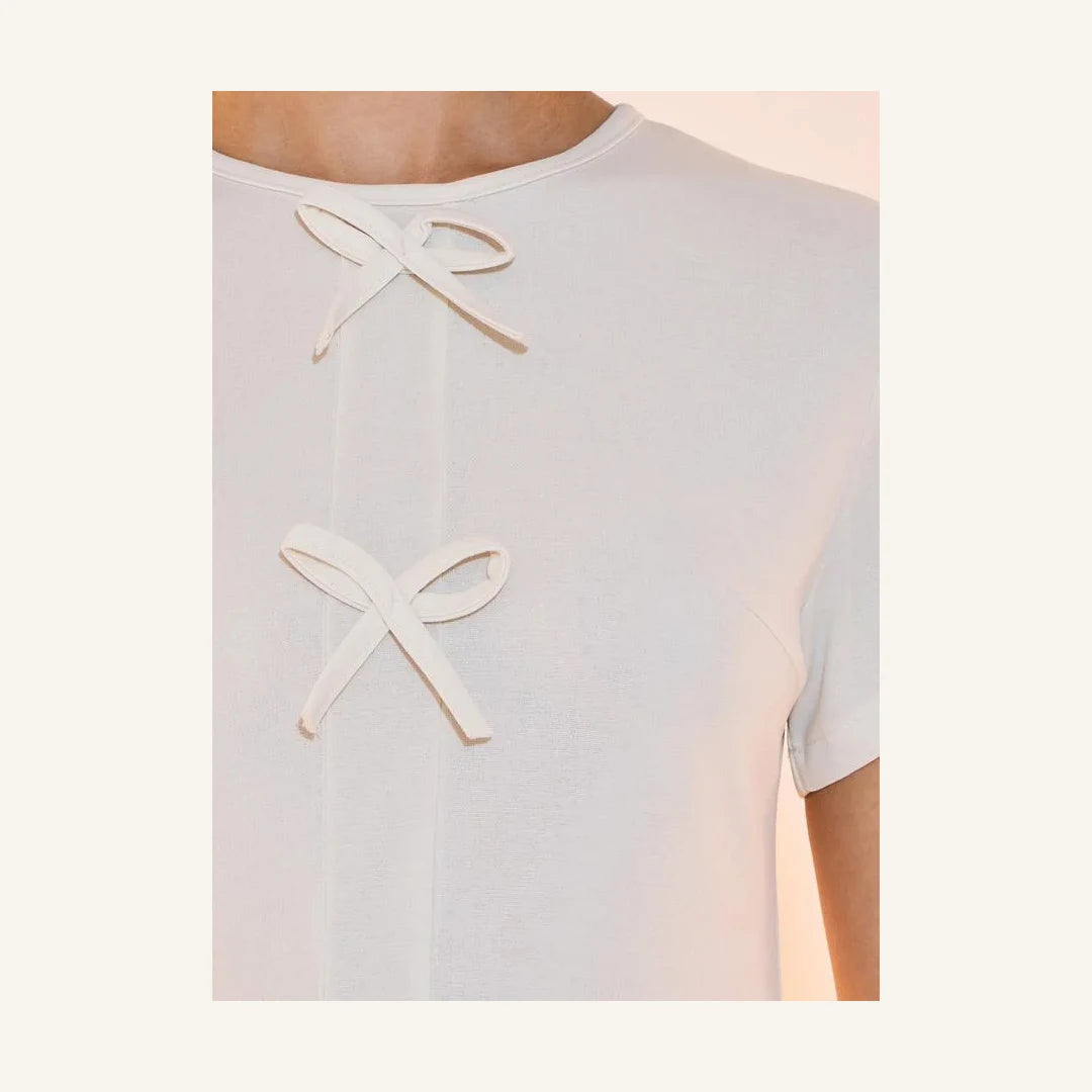 ivory bow accent round neck a-line midi dress for women