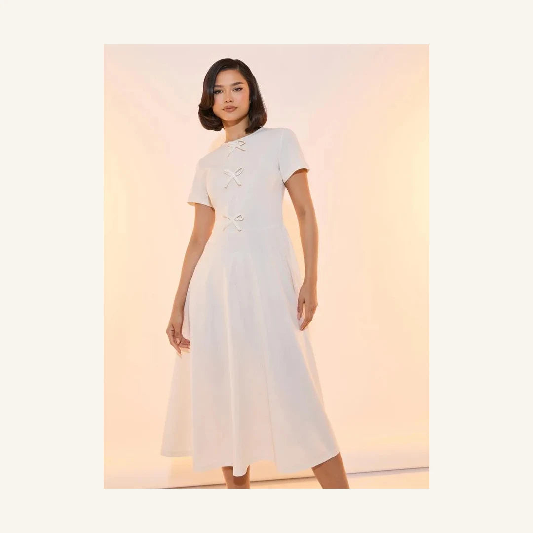 ivory bow accent round neck a-line midi dress for women