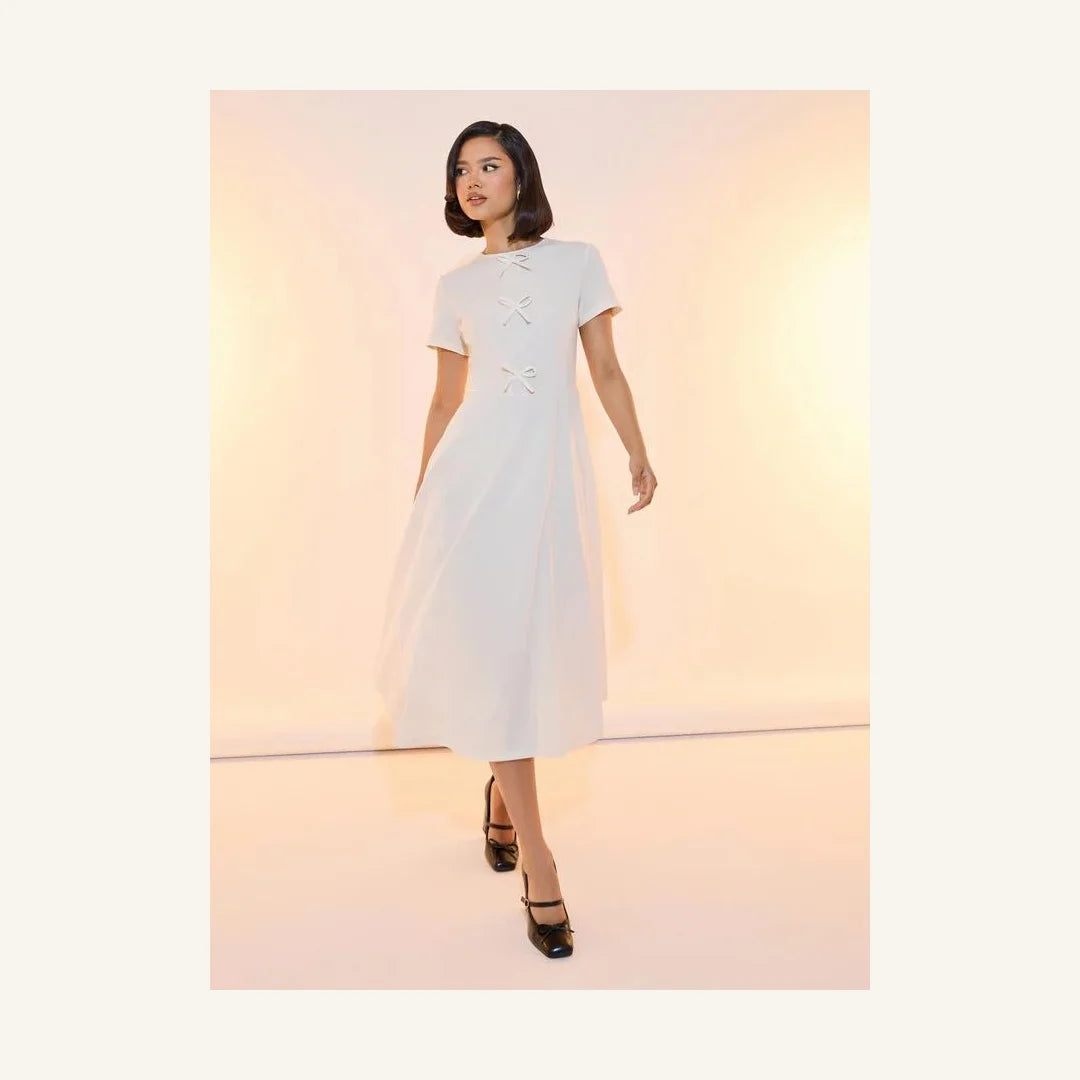 ivory bow accent round neck a-line midi dress for women