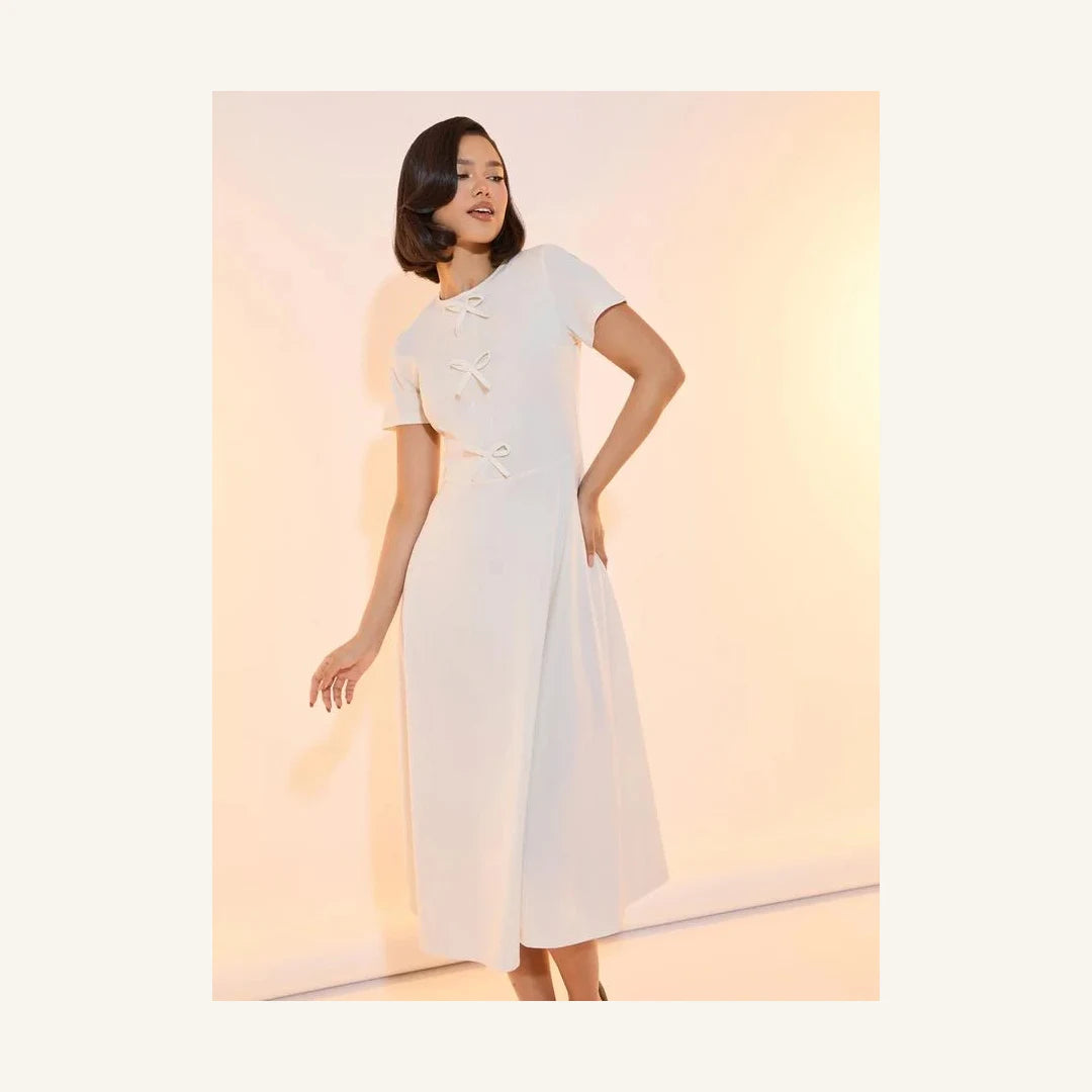 ivory bow accent round neck a-line midi dress for women