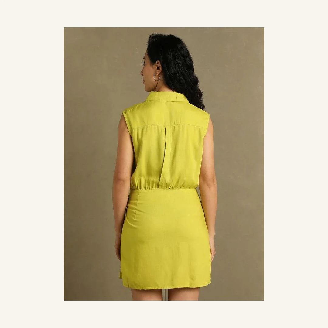 lime green chartreuse sleeveless wrap mini dress with collared neck