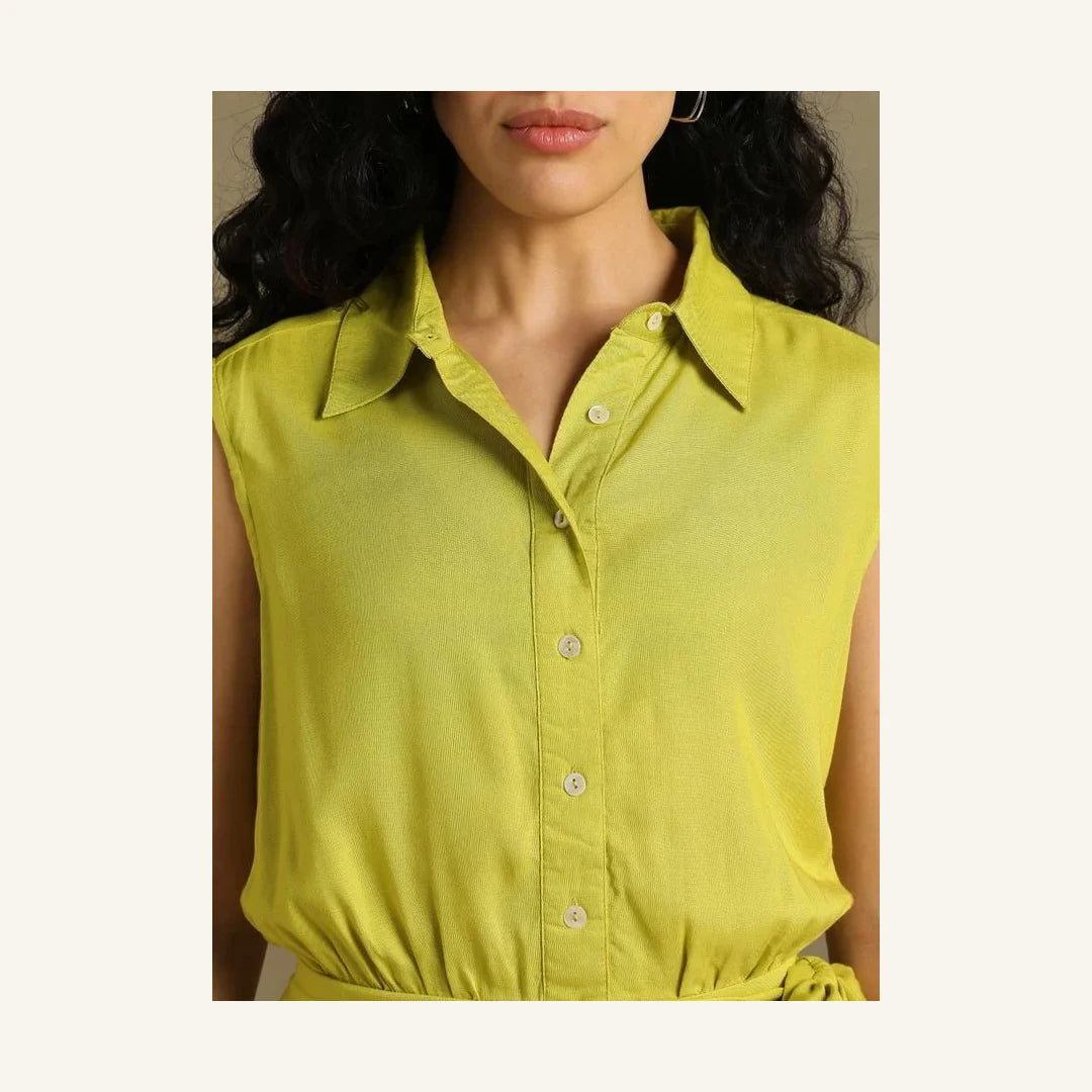lime green chartreuse sleeveless wrap mini dress with collared neck
