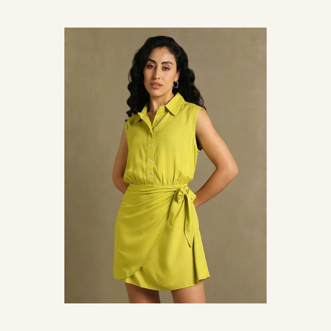 lime green chartreuse sleeveless wrap mini dress with collared neck