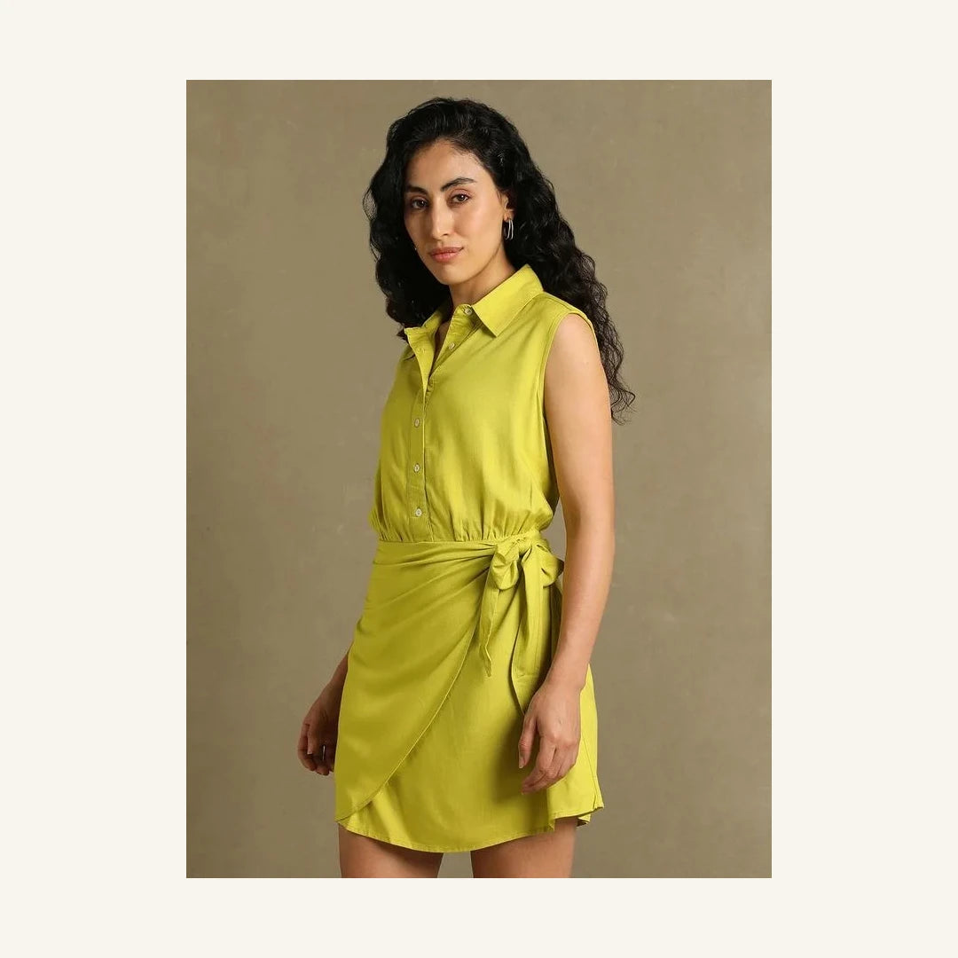lime green chartreuse sleeveless wrap mini dress with collared neck