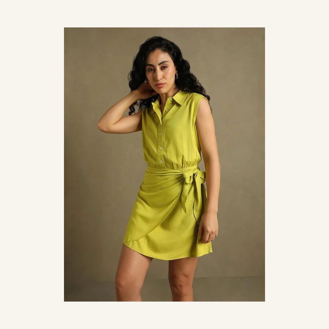 lime green chartreuse sleeveless wrap mini dress with collared neck