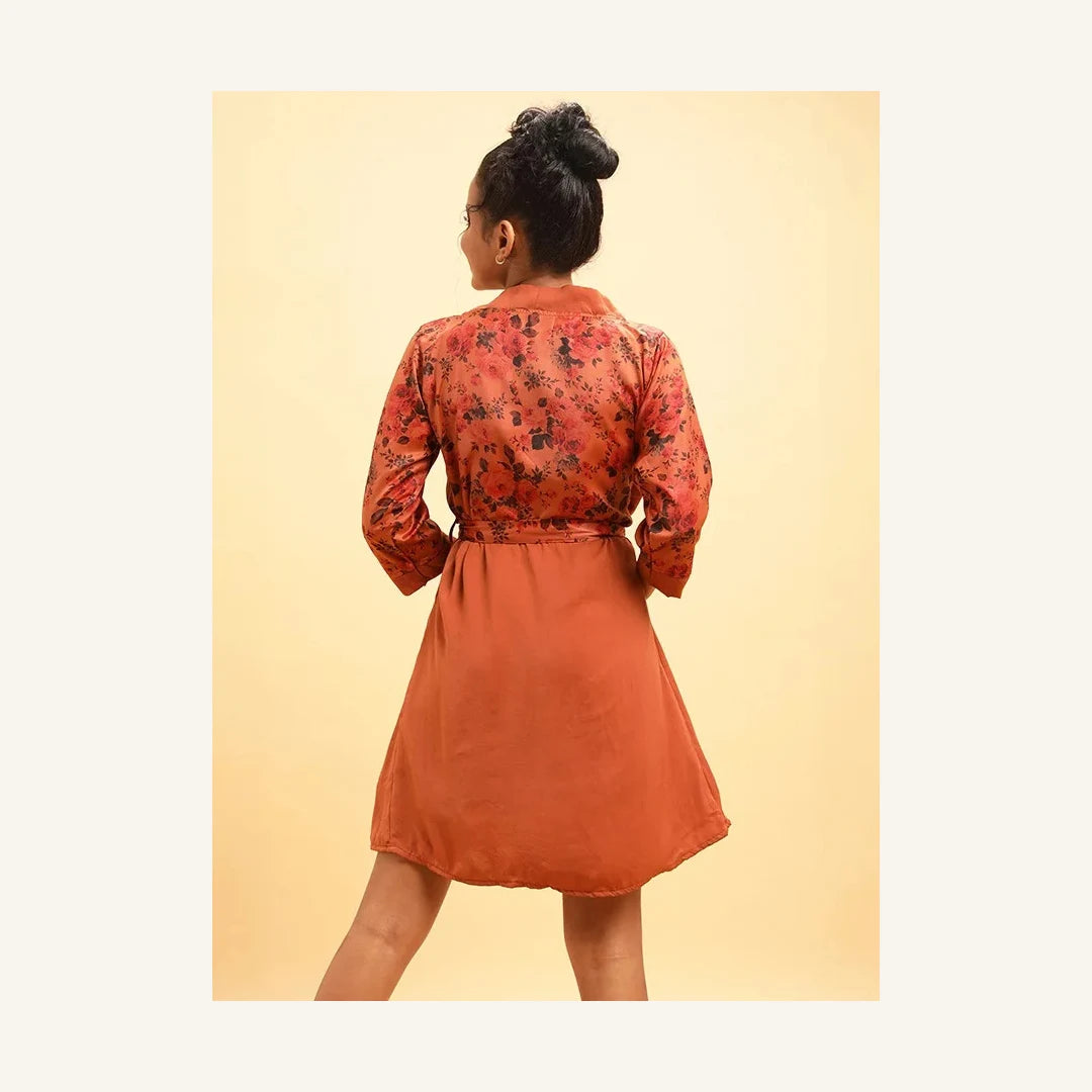 Clovia Rust Brown Satin Robe with Floral Print Belt for Women