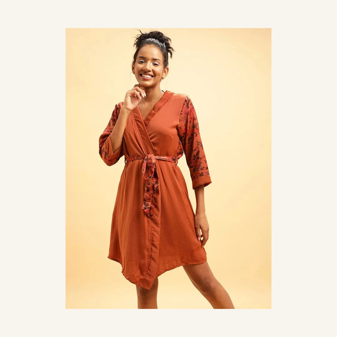 Clovia Rust Brown Satin Robe with Floral Print Belt for Women