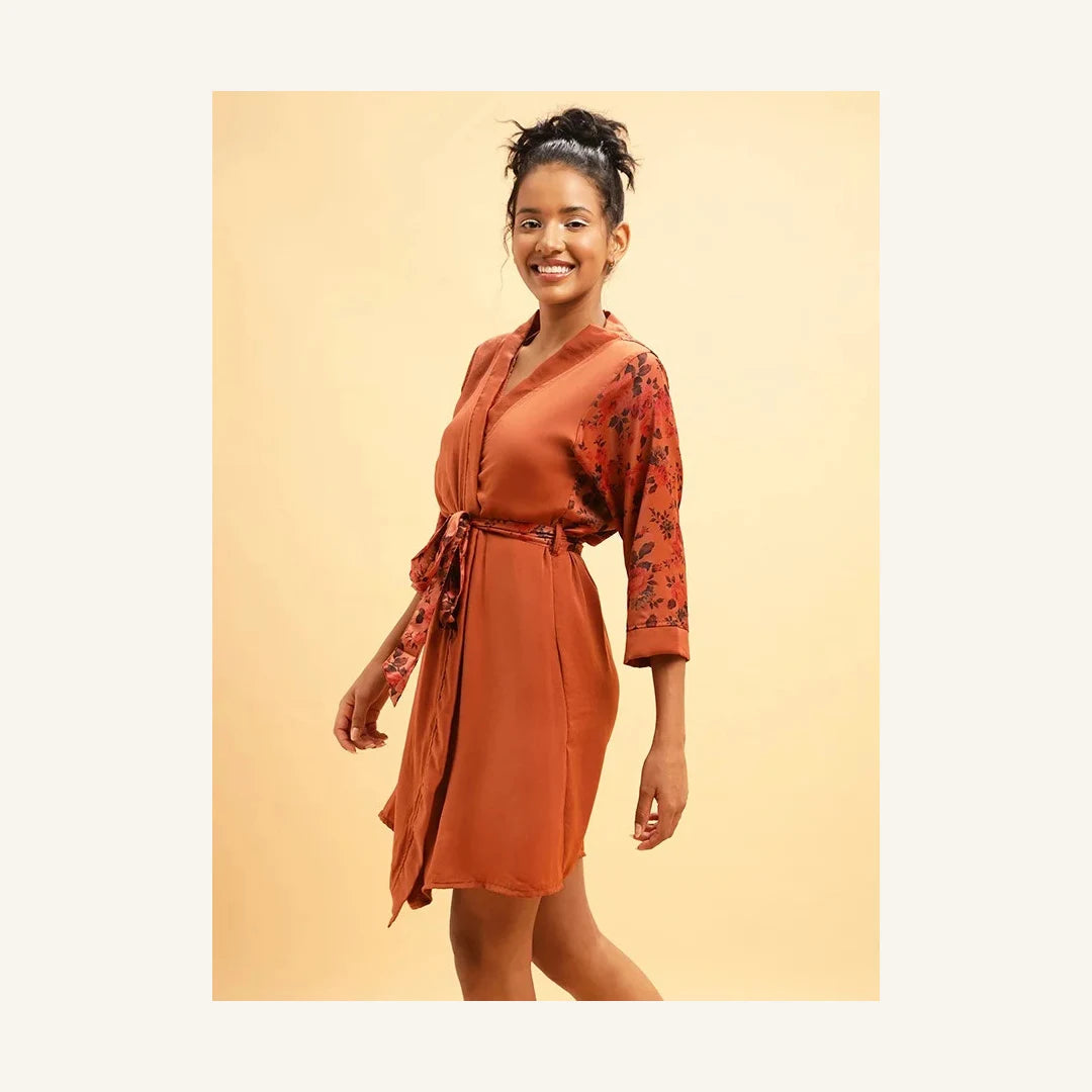 Clovia Rust Brown Satin Robe with Floral Print Belt for Women