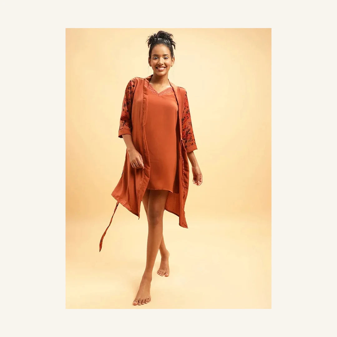 Clovia Rust Brown Satin Robe with Floral Print Belt for Women