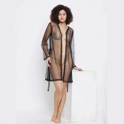 Sheer Black Robe with Tie Belt – Elegant Women’s Loungewear