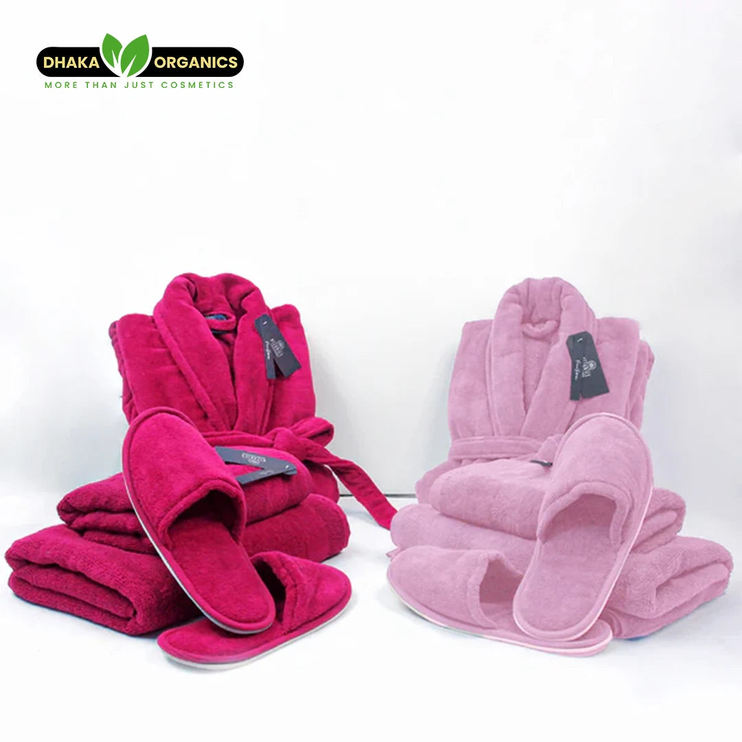 Luxury couple velour bathrobe and towel set in pink tones with slippers, soft cotton loungewear