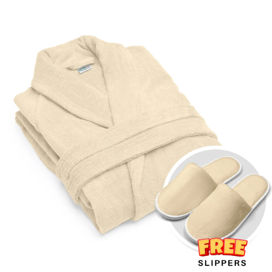 Premium 100% Pure Cotton Terry Bathrobe with Pockets, 5 Colors One Size Fits All with Free Bath Slippers