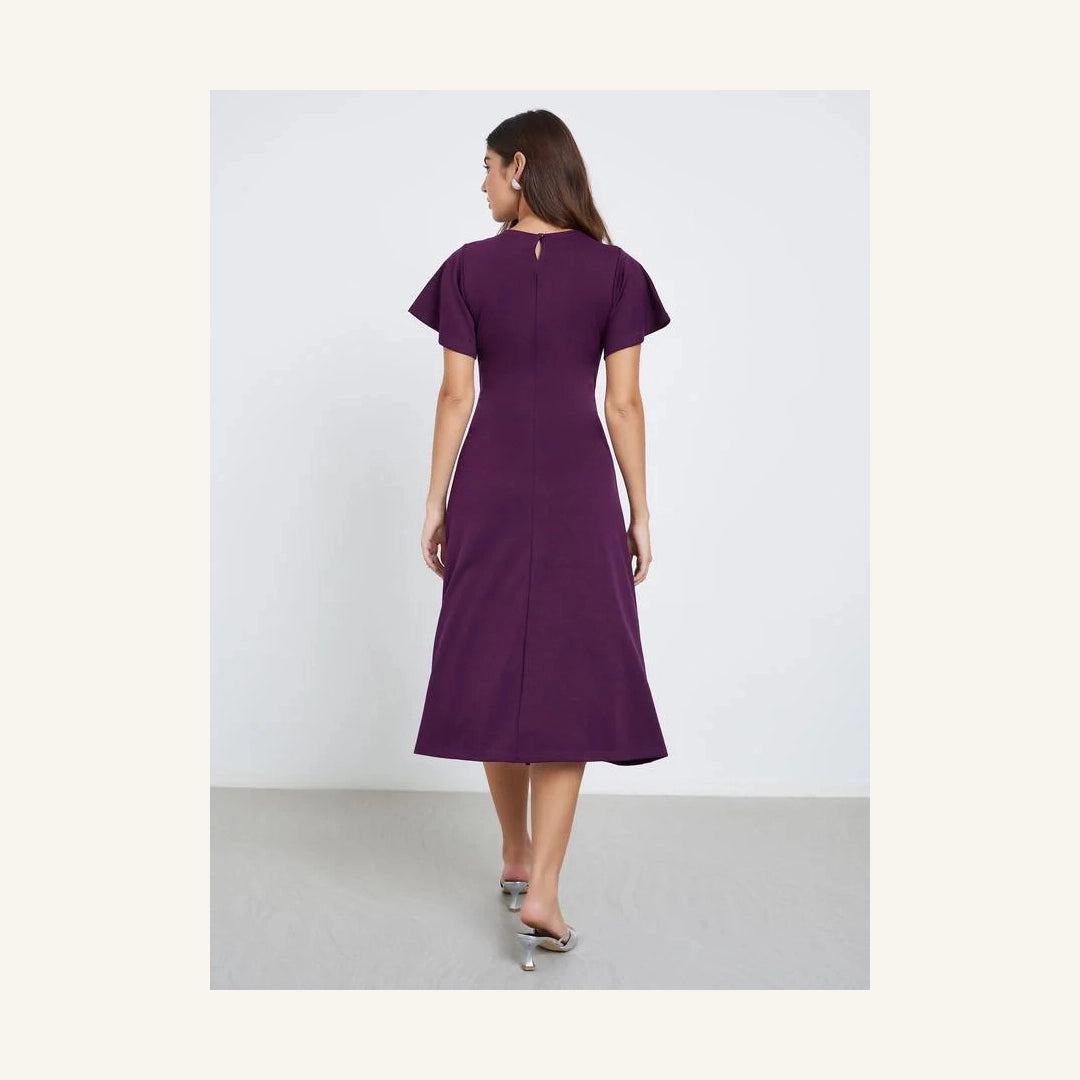 deep purple twist front sheath midi dress with round neck and short sleeves