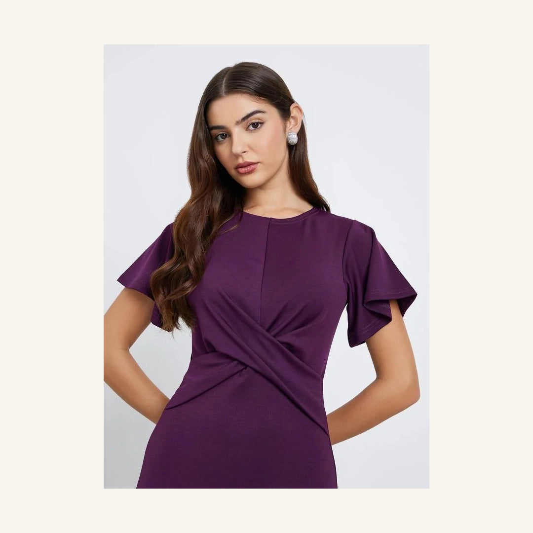 deep purple twist front sheath midi dress with round neck and short sleeves