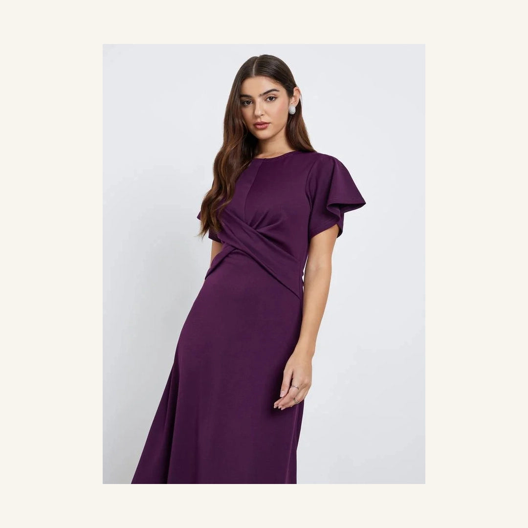 deep purple twist front sheath midi dress with round neck and short sleeves