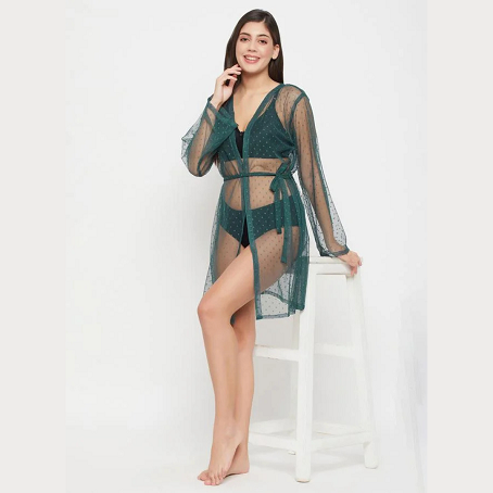 Sheer Green Robe with Tie Belt – Elegant Women’s Loungewear