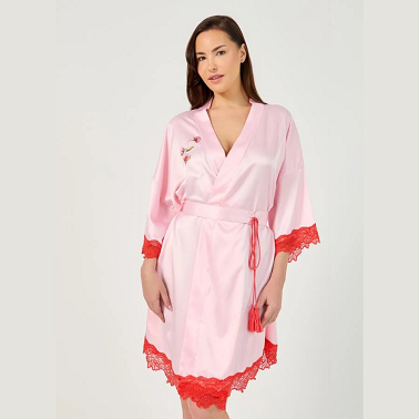 Pink Satin Floral Lace Tie-Up Robe – Elegant Women’s Sleepwear