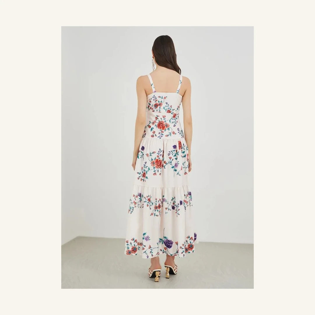 off white floral print sleeveless tiered midi dress with square neck