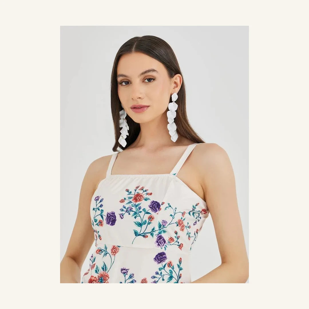 off white floral print sleeveless tiered midi dress with square neck