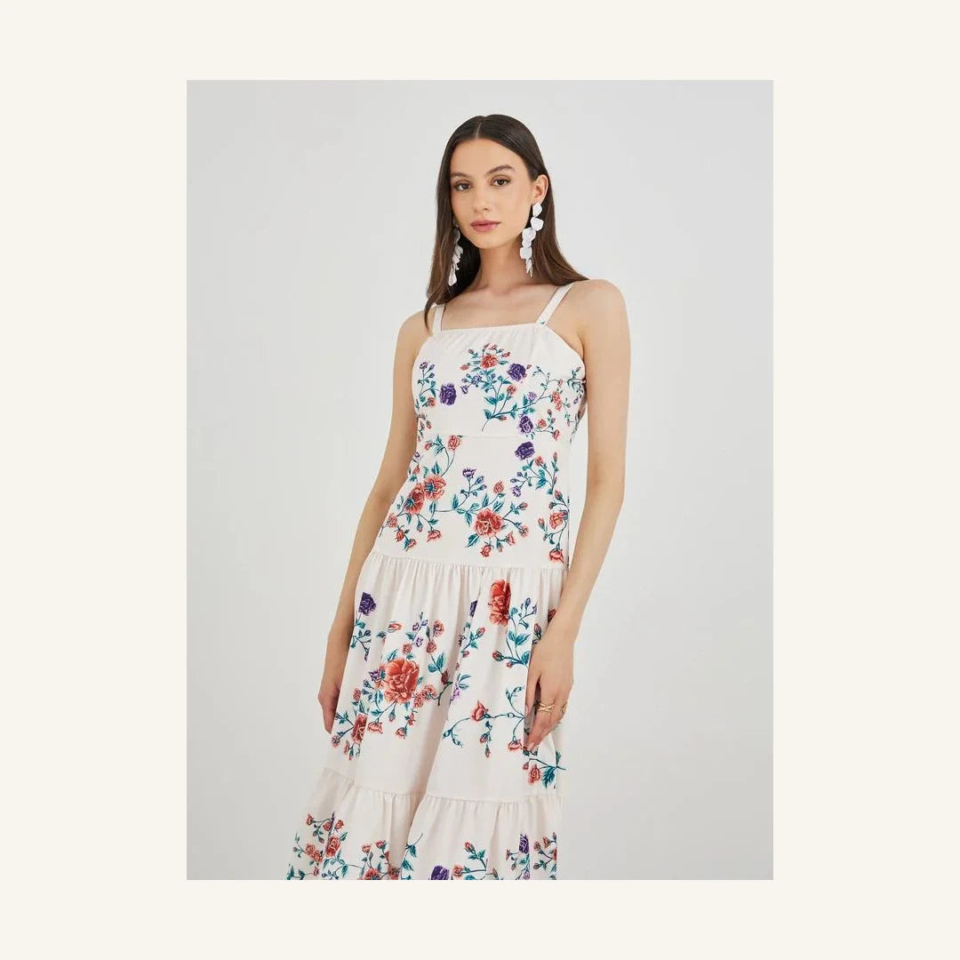 off white floral print sleeveless tiered midi dress with square neck